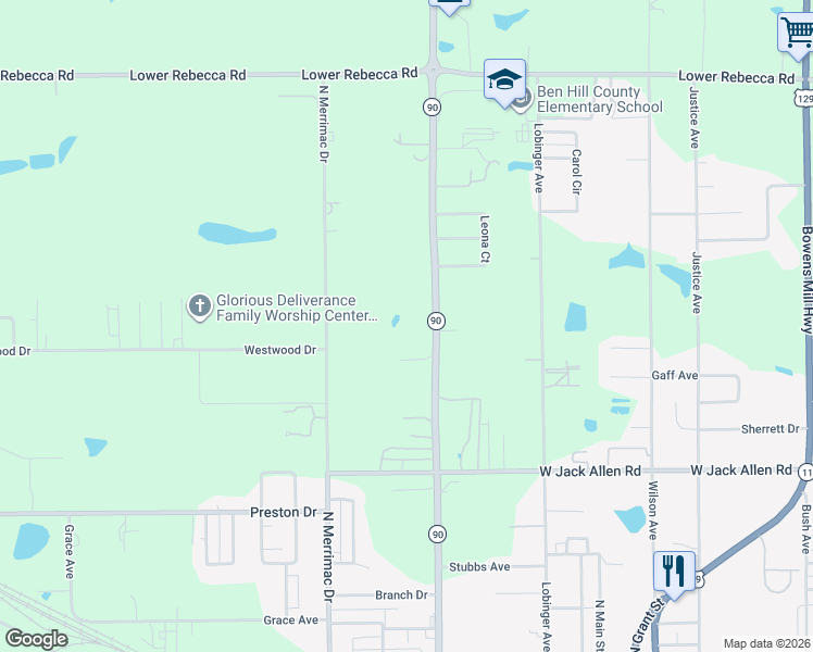 map of restaurants, bars, coffee shops, grocery stores, and more near 242 Dewey McGlamry Road in Fitzgerald