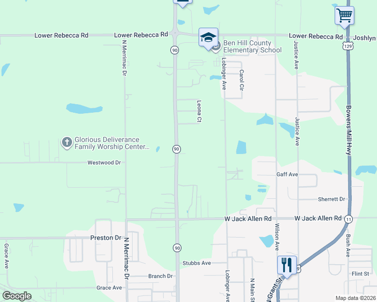 map of restaurants, bars, coffee shops, grocery stores, and more near 242 Dewey McGlamry Road in Fitzgerald