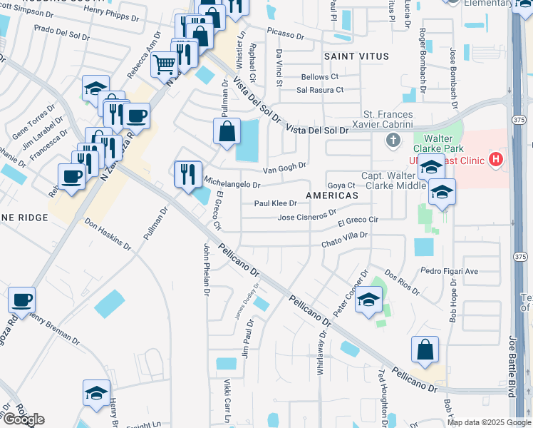 map of restaurants, bars, coffee shops, grocery stores, and more near 12061 Jose Cisneros Drive in El Paso