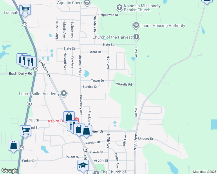 map of restaurants, bars, coffee shops, grocery stores, and more near 3501 North 7th Avenue in Laurel