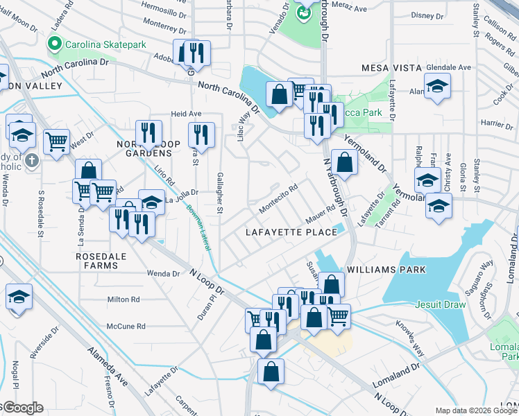 map of restaurants, bars, coffee shops, grocery stores, and more near 605 Montecito Road in El Paso