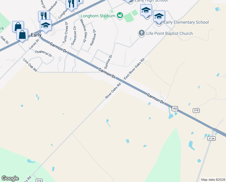 map of restaurants, bars, coffee shops, grocery stores, and more near 200 River Oaks Road in Early