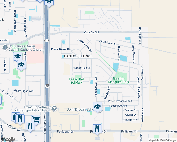 map of restaurants, bars, coffee shops, grocery stores, and more near 12477 Paseo Blanco Drive in El Paso