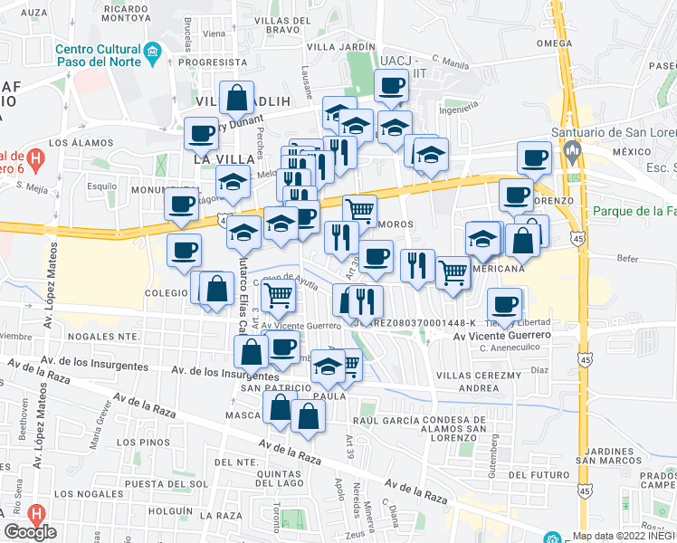 map of restaurants, bars, coffee shops, grocery stores, and more near Diego Rivera I in Ciudad Juarez