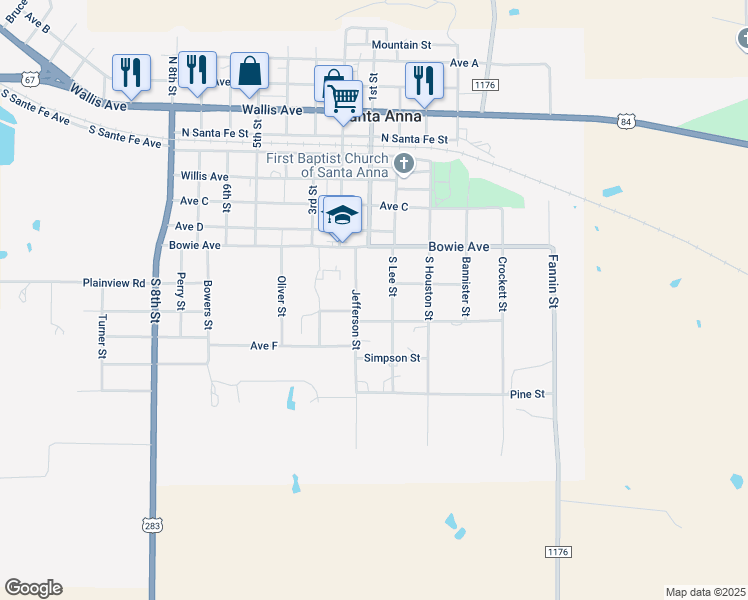 map of restaurants, bars, coffee shops, grocery stores, and more near 621 Jefferson Street in Santa Anna