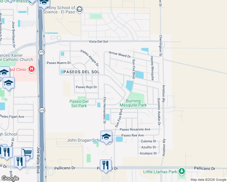 map of restaurants, bars, coffee shops, grocery stores, and more near 12560 Western Gull Drive in El Paso