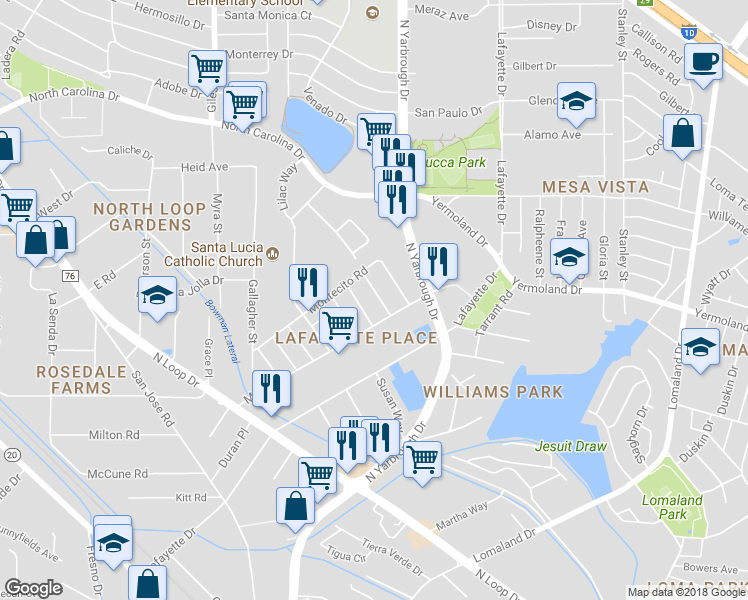 map of restaurants, bars, coffee shops, grocery stores, and more near 7868 Madrid Way in El Paso