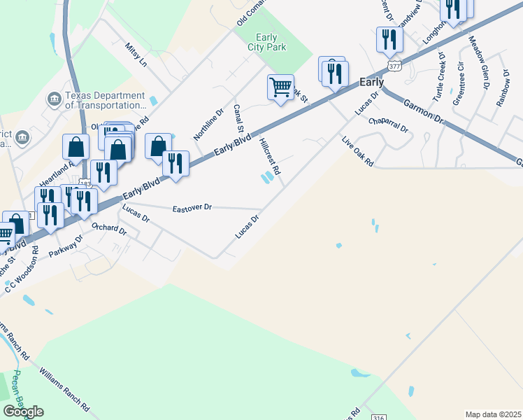 map of restaurants, bars, coffee shops, grocery stores, and more near 398 Eastover Drive in Early