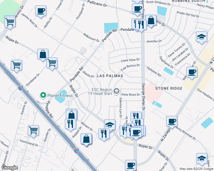 map of restaurants, bars, coffee shops, grocery stores, and more near 11616 Trey Burton Drive in El Paso