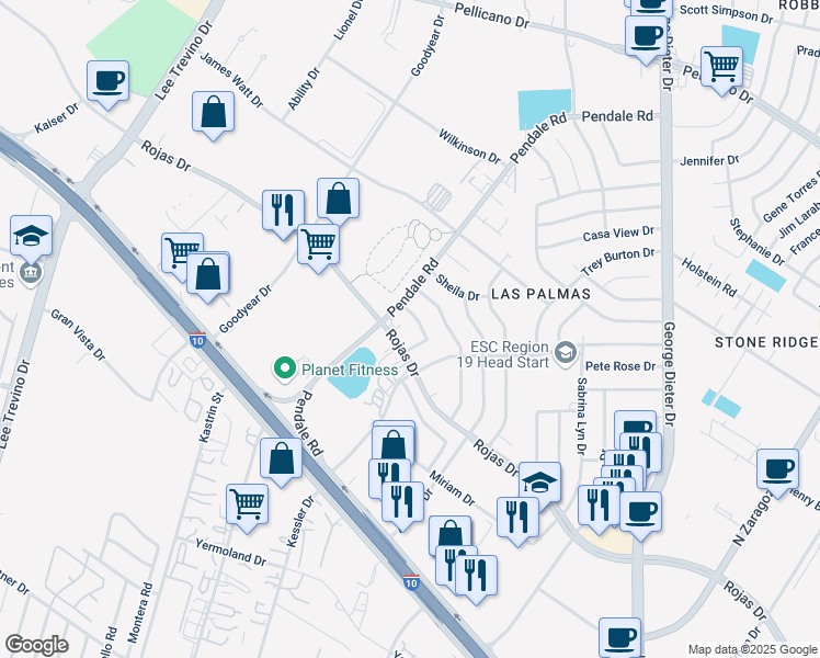 map of restaurants, bars, coffee shops, grocery stores, and more near 11601 Rojas Drive in El Paso