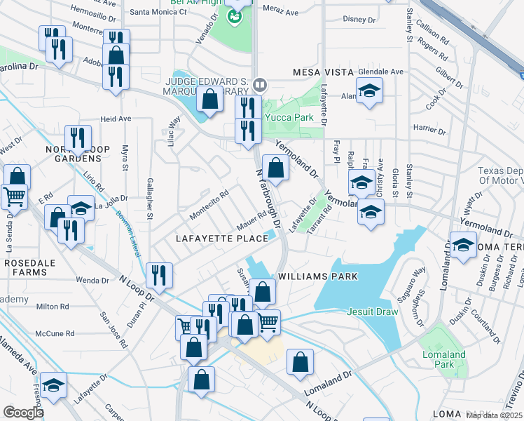 map of restaurants, bars, coffee shops, grocery stores, and more near 7883 Montecito Road in El Paso