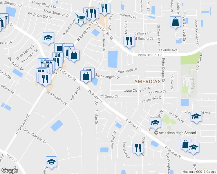 map of restaurants, bars, coffee shops, grocery stores, and more near 12032 Paul Klee Drive in El Paso