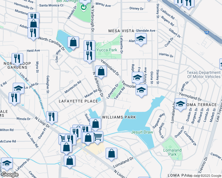 map of restaurants, bars, coffee shops, grocery stores, and more near 741 Lafayette Drive in El Paso