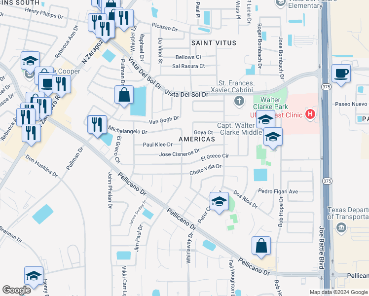map of restaurants, bars, coffee shops, grocery stores, and more near 1530 Michelangelo Drive in El Paso