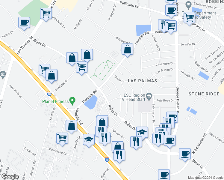 map of restaurants, bars, coffee shops, grocery stores, and more near 11617 Soberana Lane in El Paso