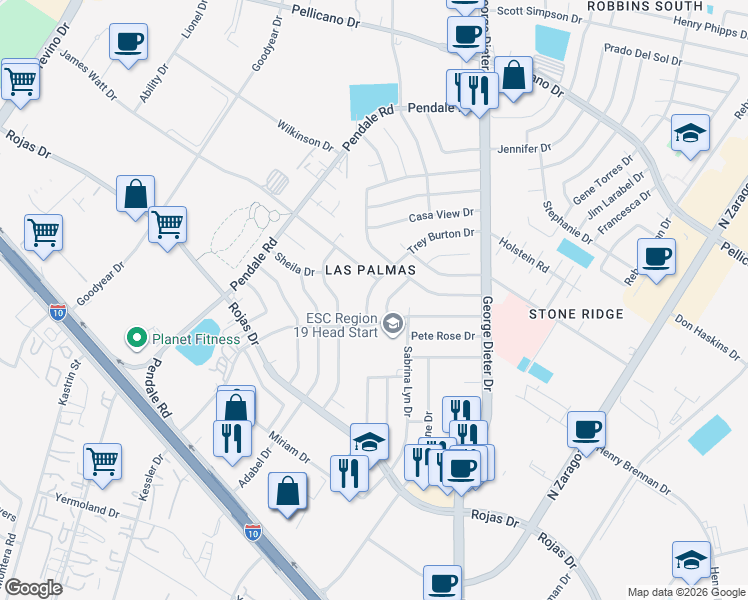 map of restaurants, bars, coffee shops, grocery stores, and more near 11616 Trey Burton Drive in El Paso