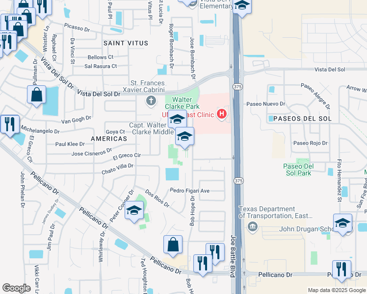 map of restaurants, bars, coffee shops, grocery stores, and more near 1501 Bob Hope Drive in El Paso