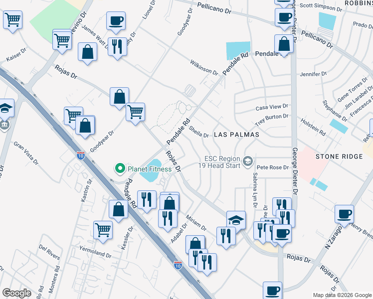 map of restaurants, bars, coffee shops, grocery stores, and more near 11617 Soberana Lane in El Paso