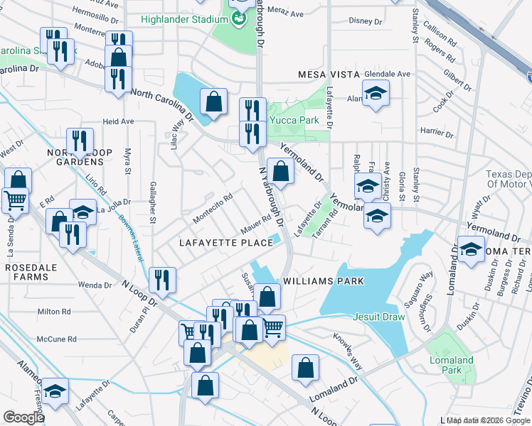 map of restaurants, bars, coffee shops, grocery stores, and more near 7883 Montecito Road in El Paso
