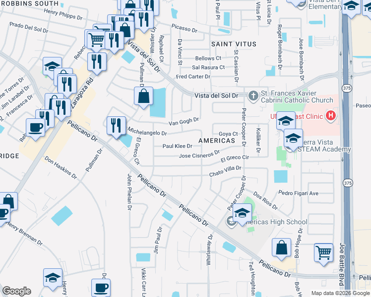 map of restaurants, bars, coffee shops, grocery stores, and more near 12066 Paul Klee Drive in El Paso
