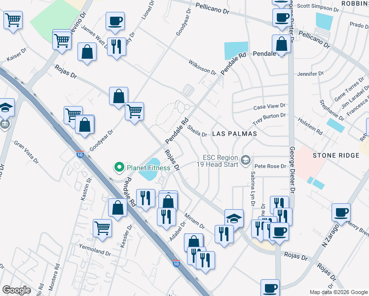 map of restaurants, bars, coffee shops, grocery stores, and more near 11617 Soberana Lane in El Paso