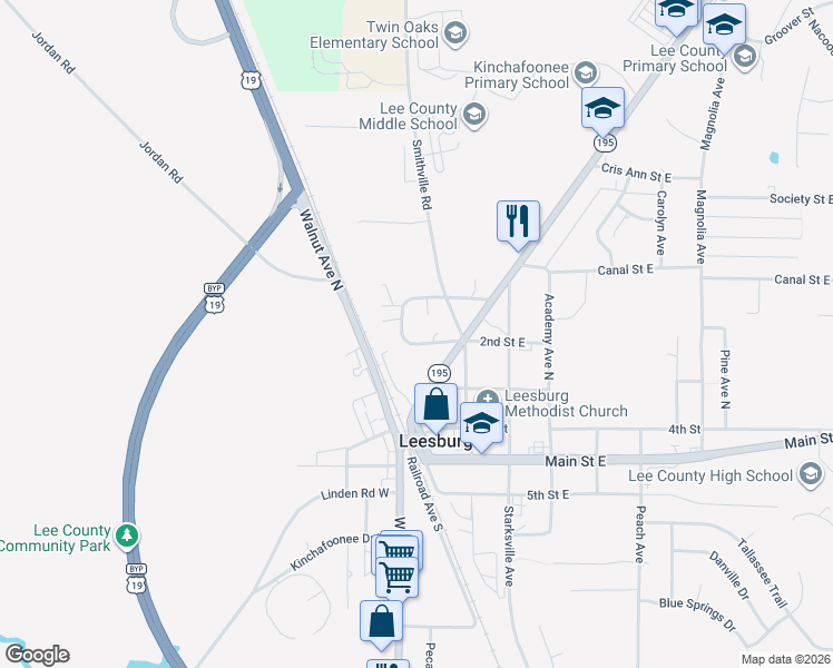map of restaurants, bars, coffee shops, grocery stores, and more near 110-114 2nd Street East in Leesburg