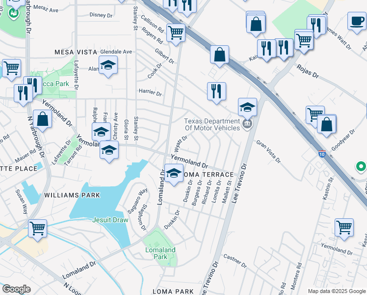 map of restaurants, bars, coffee shops, grocery stores, and more near 8205 Turk Court in El Paso