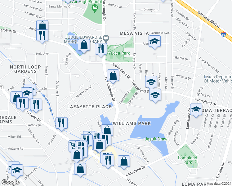 map of restaurants, bars, coffee shops, grocery stores, and more near 544 North Yarbrough Drive in El Paso