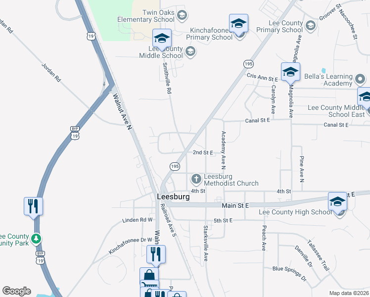 map of restaurants, bars, coffee shops, grocery stores, and more near 110 2nd Street East in Leesburg