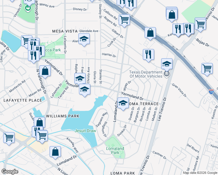 map of restaurants, bars, coffee shops, grocery stores, and more near 1001 Atwood Drive in El Paso