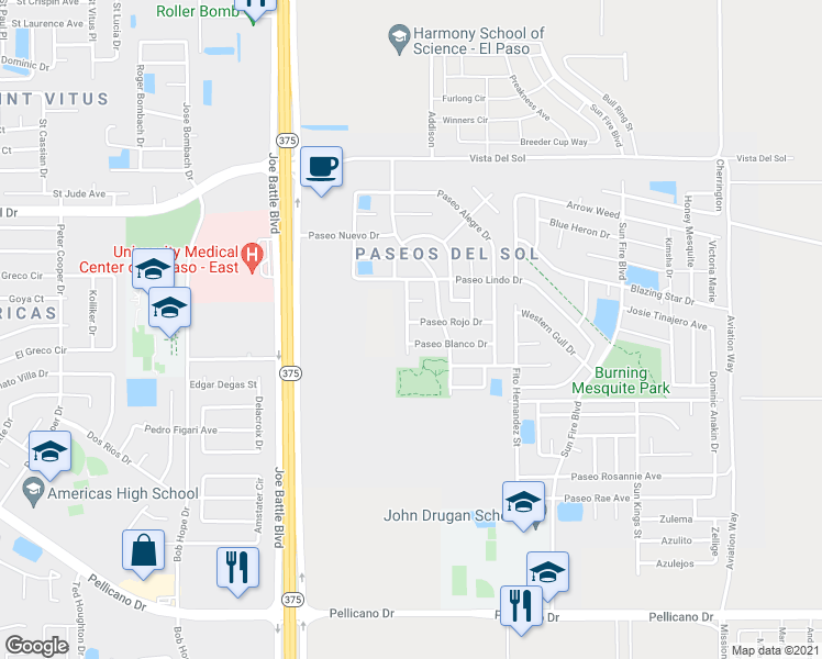 map of restaurants, bars, coffee shops, grocery stores, and more near 12418 Paseo Rojo Drive in El Paso