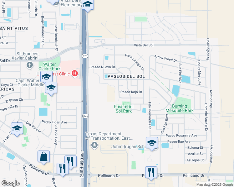 map of restaurants, bars, coffee shops, grocery stores, and more near 1433 Paseo Del Sur Court in El Paso