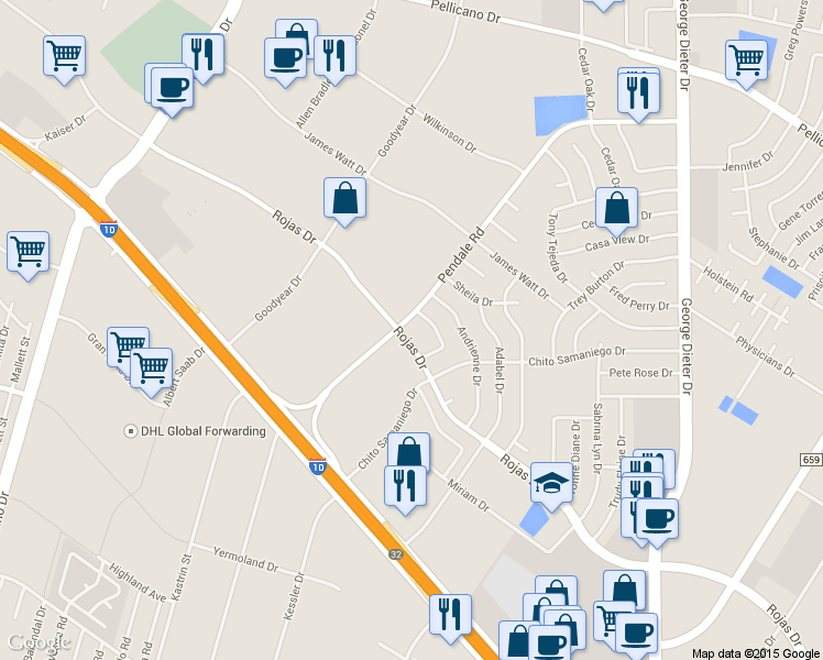 map of restaurants, bars, coffee shops, grocery stores, and more near 11601 Rojas Drive in El Paso
