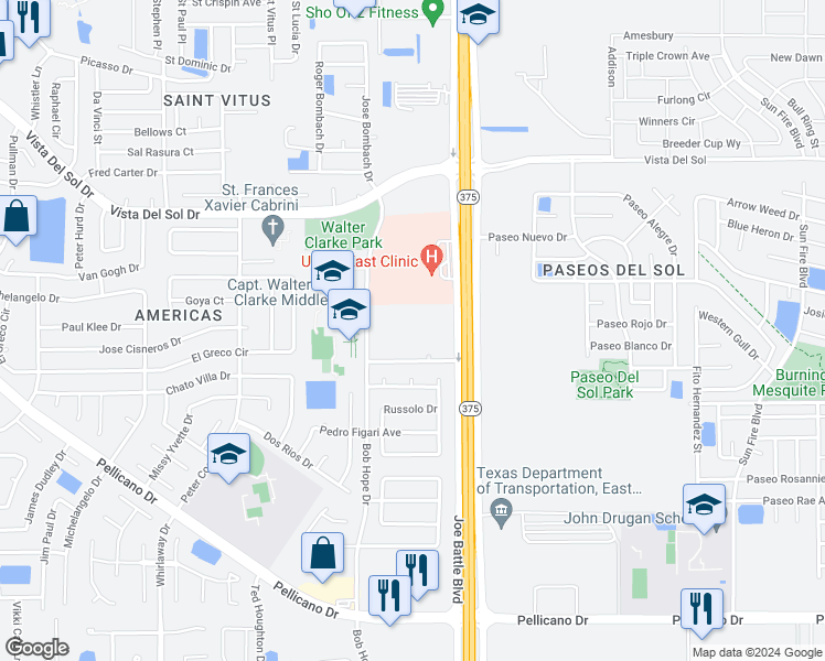 map of restaurants, bars, coffee shops, grocery stores, and more near 1500 Bob Hope Drive in El Paso
