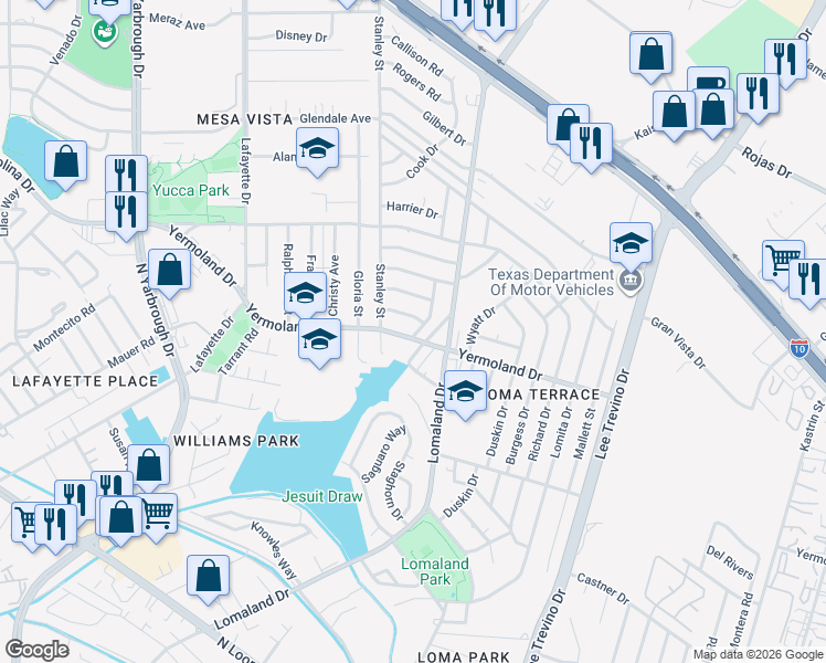 map of restaurants, bars, coffee shops, grocery stores, and more near 1001 Atwood Drive in El Paso