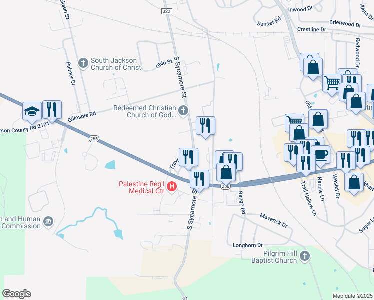 map of restaurants, bars, coffee shops, grocery stores, and more near 101 Trinity Court in Palestine