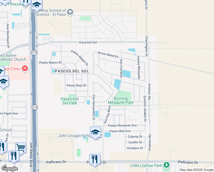 map of restaurants, bars, coffee shops, grocery stores, and more near 12560 Western Gull Drive in El Paso