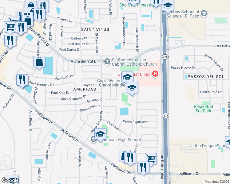 map of restaurants, bars, coffee shops, grocery stores, and more near 12179 El Greco Circle in El Paso