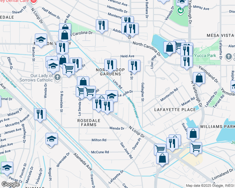 map of restaurants, bars, coffee shops, grocery stores, and more near 7917 La Jolla Drive in El Paso