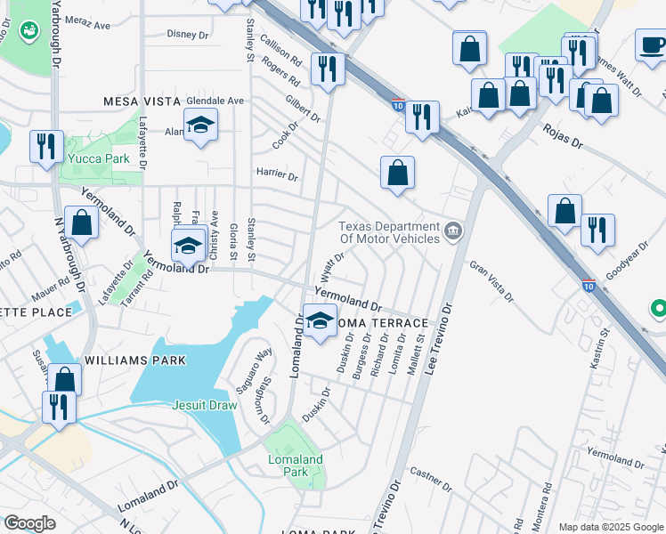 map of restaurants, bars, coffee shops, grocery stores, and more near 8205 Turk Court in El Paso