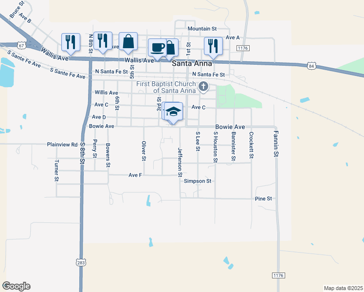 map of restaurants, bars, coffee shops, grocery stores, and more near 621 Jefferson Street in Santa Anna