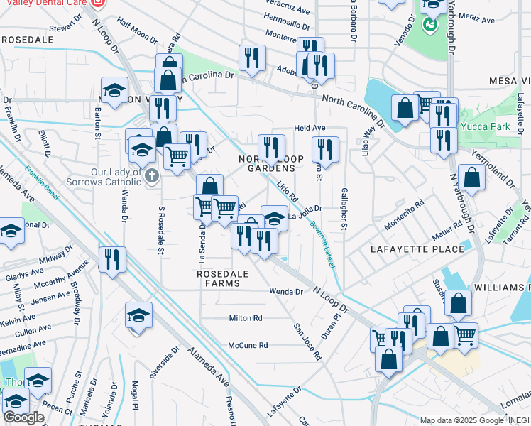 map of restaurants, bars, coffee shops, grocery stores, and more near 419 Emerson Street in El Paso