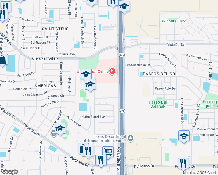map of restaurants, bars, coffee shops, grocery stores, and more near 1500 Bob Hope Drive in El Paso