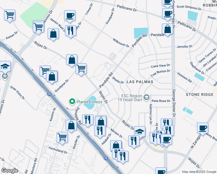 map of restaurants, bars, coffee shops, grocery stores, and more near 11617 Soberana Lane in El Paso