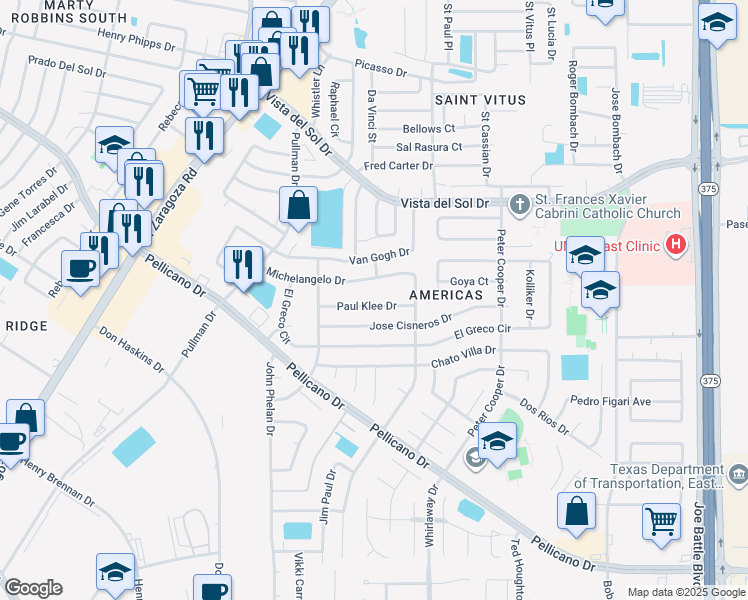 map of restaurants, bars, coffee shops, grocery stores, and more near 12057 Paul Klee Drive in El Paso