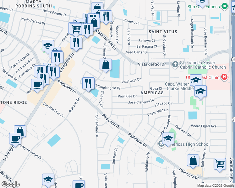 map of restaurants, bars, coffee shops, grocery stores, and more near 12039 Paul Klee Drive in El Paso