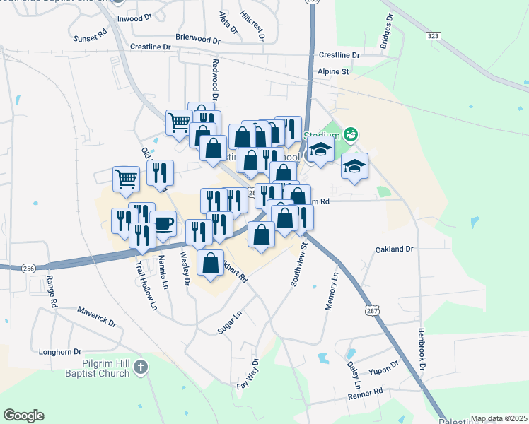 map of restaurants, bars, coffee shops, grocery stores, and more near 1930 Route 256 Loop in Palestine