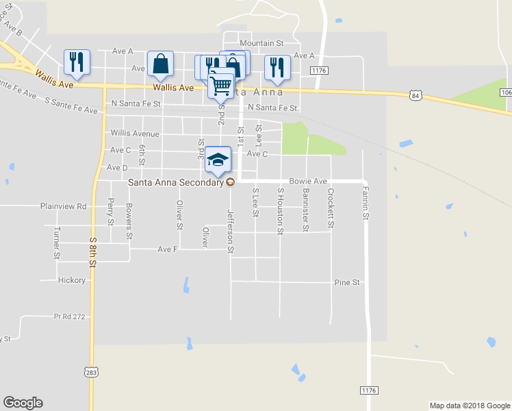 map of restaurants, bars, coffee shops, grocery stores, and more near 503 South Lee Street in Santa Anna