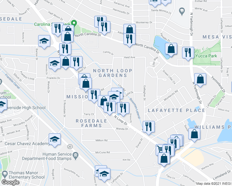 map of restaurants, bars, coffee shops, grocery stores, and more near 7917 La Jolla Drive in El Paso