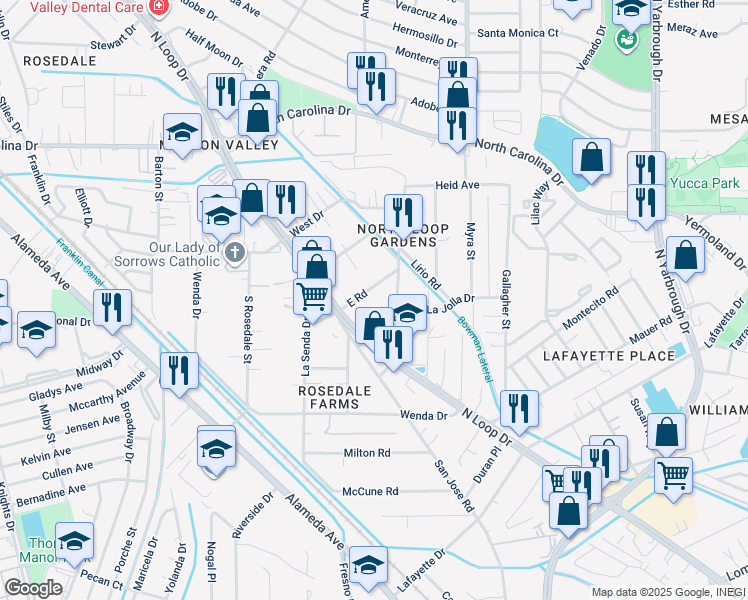 map of restaurants, bars, coffee shops, grocery stores, and more near 419 Emerson Street in El Paso